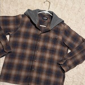 Billabong Plaid Hooded Shirt - Blue and Brown. Boys Medium